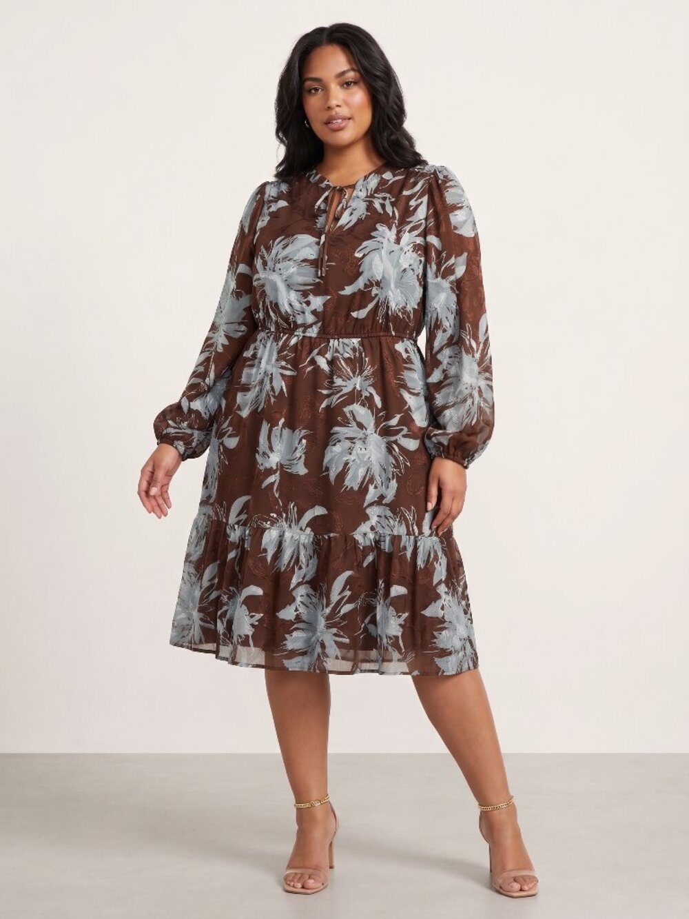 NWT Pretty Garden Brown Blue Floral Jacquard Tie Neck Ruffle Hem Dress XL